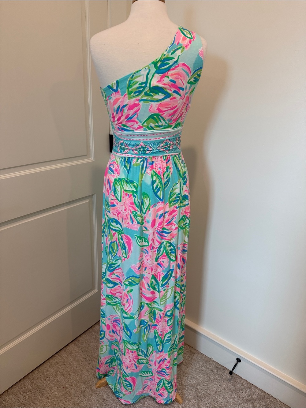 NWT Lilly Pulitzer One-Shoulder Floral Maxi Dress in Aqua, Pink, Green - Picture 4 of 5